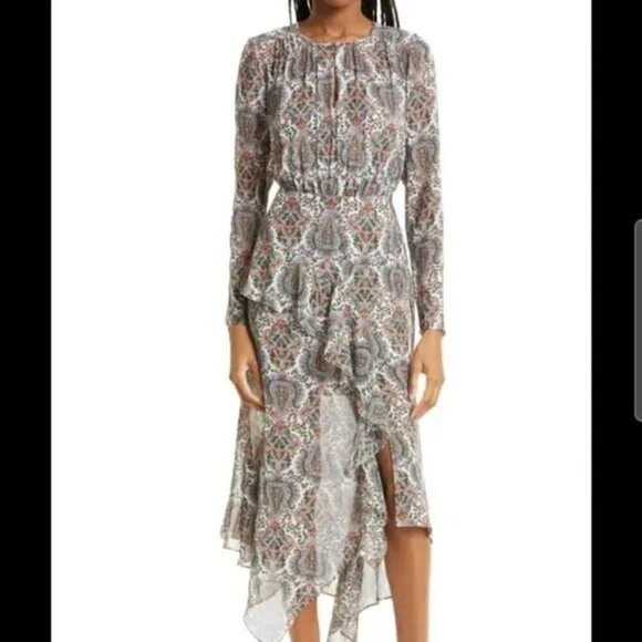 VERONICA BEARD Sazan LS Handkerchief Hem Paisley Dress In Ecru Multi- Size 2 - Picture 4 of 8